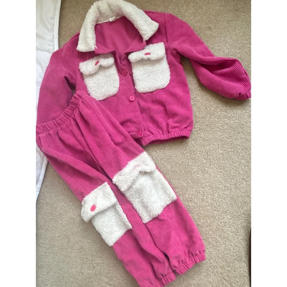 SHEIN Kids Pink Corduroy Sherpa Trim Jacket Pants Set Size 6Y‎